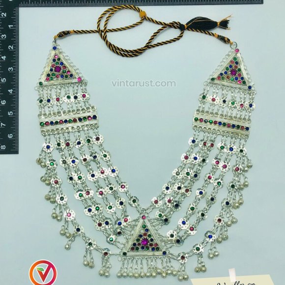 Multilayers Kuchi Tribal Bib Necklace With Multicolor Glass Stones - Picture 8 of 8